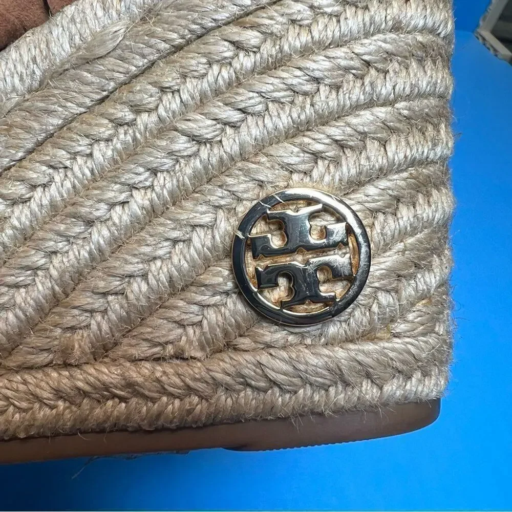 Tory Burch Bailey Braided Ankle SOHO Lux Suede Espadrille Wedge Sandals Womens 9